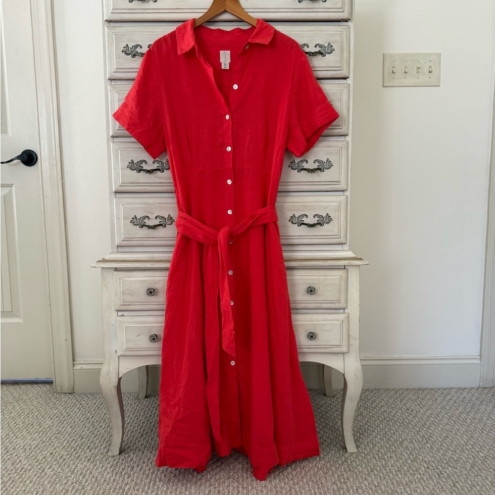 Joie Red Button-Front Midi Shirt Dress